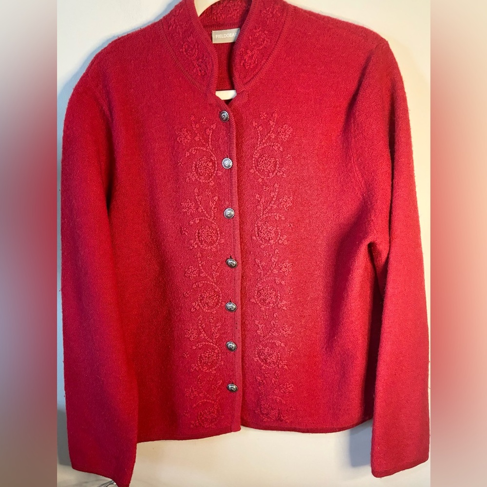 FieldGear 100% Wool Red Women's Cardigan‎ W/Floral Embroidery and metal buttons
